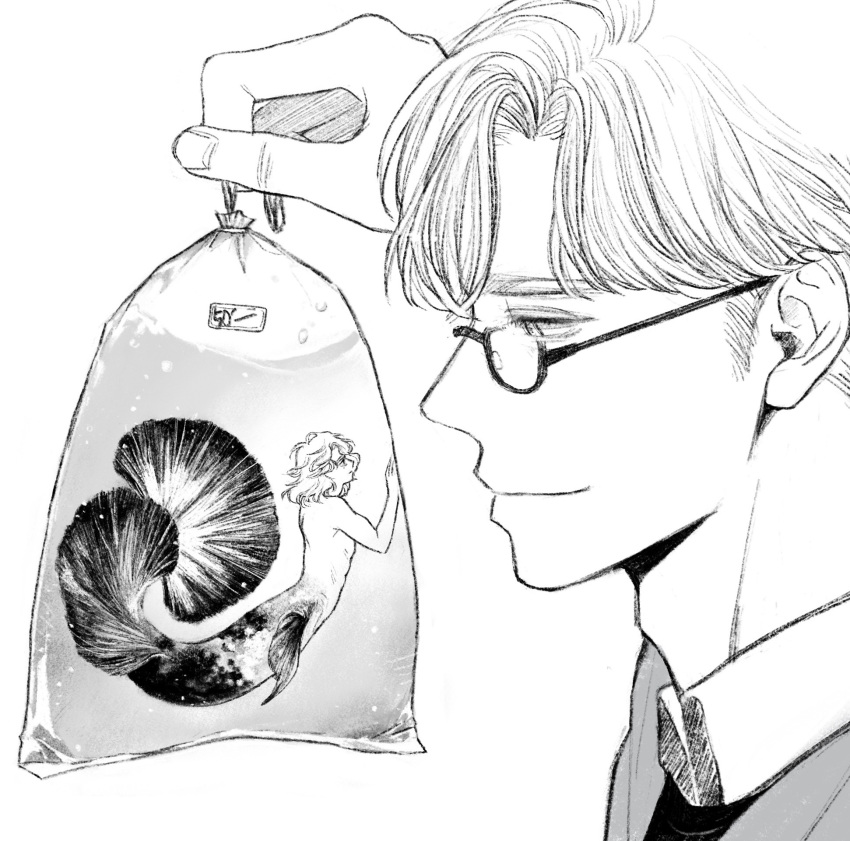 2boys air_bubble bag bagged_fish bangs bubble eye_contact fish from_side glasses greyscale hand_up highres holding in_bag in_container korean_commentary looking_at_another looking_away male_focus merman monochrome monster_boy multiple_boys original plastic_bag profile sae_sae short_hair simple_background size_difference smile submerged water