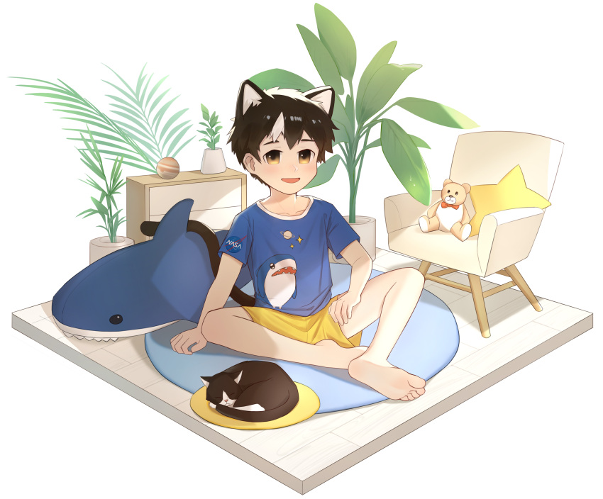 1boy absurdres animal_ears barefoot black_hair blue_shirt bow bowtie cat cat_boy cat_ears cat_tail chair child hand_on_own_thigh highres looking_at_viewer male_child male_focus multicolored_hair nasa_logo open_mouth original plant print_shirt red_bow red_bowtie rock_sugar shark_print shirt short_sleeves shorts sitting sleeping smile star_pillow stuffed_animal stuffed_shark stuffed_toy tail teddy_bear yellow_shorts