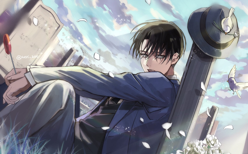 1boy arms_on_knees artist_name bird black_hair black_necktie blue_jacket cloud cloudy_sky collared_shirt cropped_legs day flower formal grass graveyard ground hair_over_eyes hat highres jacket levi_(shingeki_no_kyojin) looking_to_the_side male_focus necktie neri_aot open_mouth outdoors petals rose rose_petals shingeki_no_kyojin shirt short_hair sitting sky solo suit sunlight teeth tombstone twitter_username upper_teeth_only white_bird white_flower white_rose white_shirt