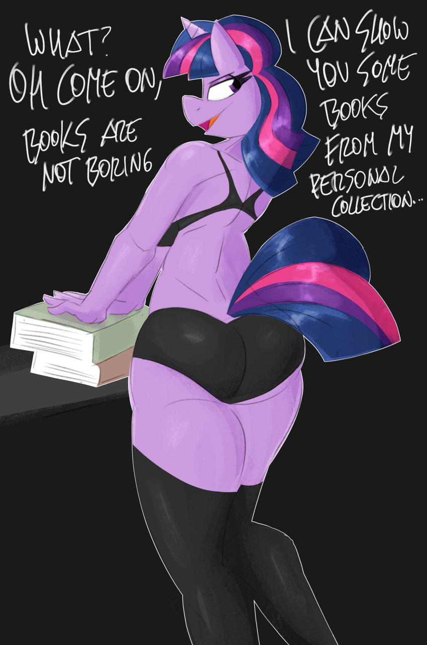 absurd_res anthro bedroom_eyes book bra butt clothing dialogue english_text equid equine female flutterthrash friendship_is_magic hasbro hi_res horn legwear mammal my_little_pony narrowed_eyes panties seductive solo text thigh_highs twilight_sparkle_(mlp) underwear unicorn