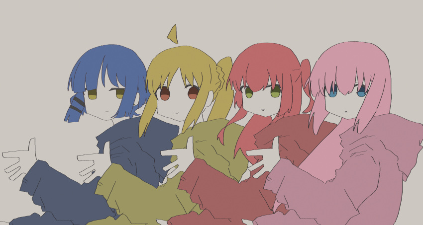 4girls absurdres ahoge blonde_hair blue_eyes blue_hair bocchi_the_rock! brown_eyes commentary dorarin gotou_hitori green_eyes highres hood hoodie ijichi_nijika kita_ikuyo lag_train_(vocaloid) long_hair multiple_girls parody pink_hair red_hair short_hair side_ponytail simple_background yamada_ryou