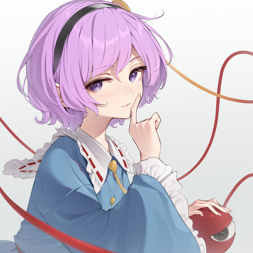 1girl bangs blue_shirt finger_to_mouth flat_chest frilled_shirt_collar frills hand_up heart highres index_finger_raised kanpa_(campagne_9) komeiji_satori light_blush light_smile long_sleeves parted_lips pink_hair shirt short_hair simple_background solo third_eye touhou white_background wide_sleeves