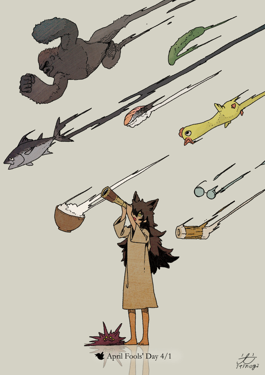 1girl animal_ears ape april_fools bangs barefoot bird bizarre_rain black_hair bowl cat_ears cat_girl cucumber dated dress english_text fish food glasses grey_background grey_dress hands_up highres holding itinogi long_hair long_sleeves motion_lines open_mouth original reflective_floor rice_bowl rubber_chicken shooting_star signature simple_background solo standing stargazing sushi telescope
