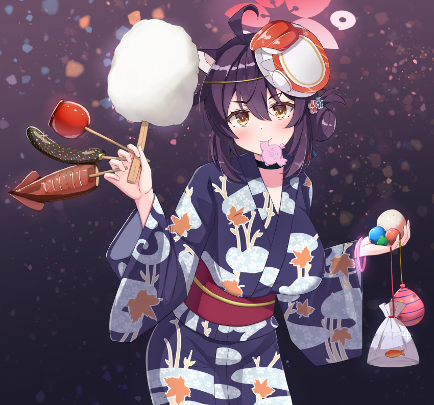 absurdres ahoge animal_ears bag bagged_fish blue_archive breasts brown_hair candy_apple chocolate_banana cotton_candy fish food goldfish hair_bun halo highres holding holding_food ikayaki japanese_clothes kaede_(blue_archive) kimono large_breasts print_kimono sash single_side_bun uro_kohara wide_sleeves yellow_eyes yukata