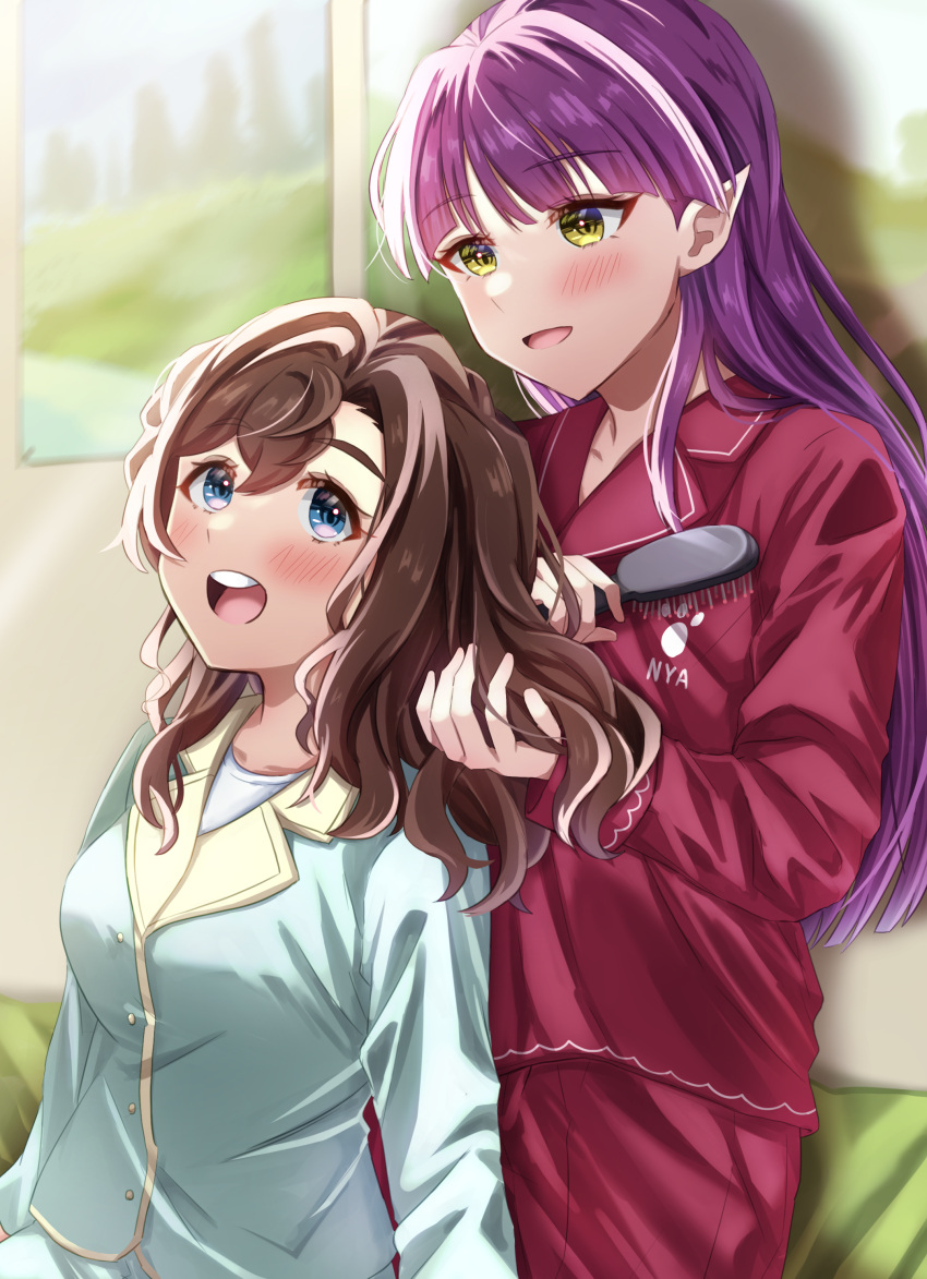 2girls absurdres alternate_hair_length alternate_hairstyle blue_eyes blush brown_hair brushing_another's_hair brushing_hair cat_girl e_atkenedm gegege_no_kitarou hair_brush hair_focus highres inuyama_mana long_hair looking_at_another looking_down looking_up multiple_girls nekomusume nekomusume_(gegege_no_kitarou_6) open_mouth pajamas paw_print pointy_ears purple_hair red_pajamas smile teeth upper_teeth_only white_pajamas yellow_eyes