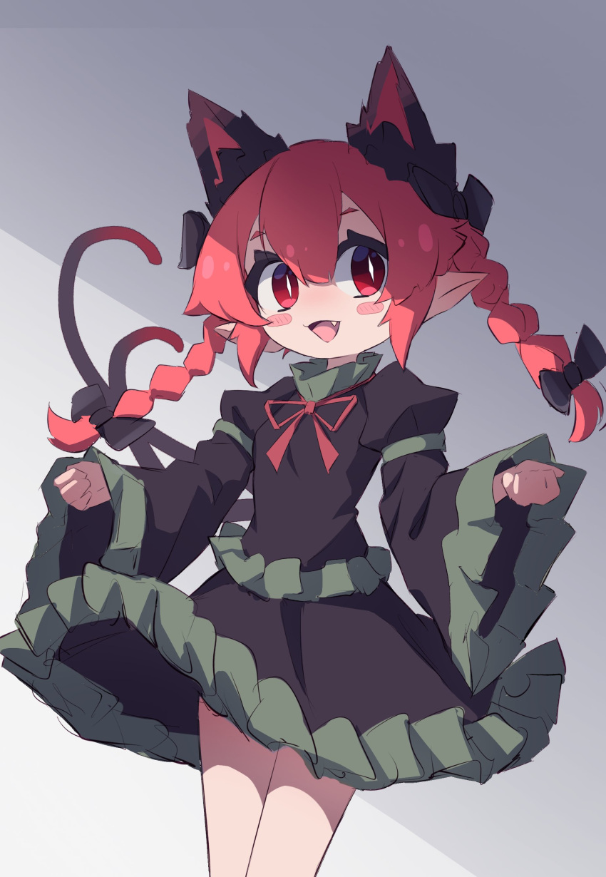 1girl :d absurdres animal_ears black_bow blush bow bowtie braid cat_ears cat_tail extra_ears fang highres kaenbyou_rin looking_at_viewer mr.turtle_head multiple_tails no_nose one-hour_drawing_challenge open_mouth pointy_ears puffy_sleeves red_bow red_bowtie red_eyes red_hair shadow slit_pupils smile solo tail touhou twin_braids two_tails