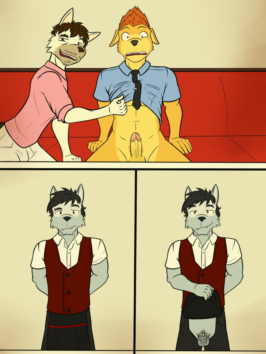 anthro balls bottomless bottomwear canid canine canis chastity_cage chastity_device clothed clothing clothing_lift collared_shirt comic crotchless_bottomwear crotchless_clothing domestic_dog duke_(fuze) erection flaccid fully_clothed fuze genitals group hi_res humanoid_genitalia humanoid_penis male male/male mammal necktie pants penis pubic_stubble scared shirt shirt_lift sitting topwear trio waiter wolf wolfgang_(fuze)