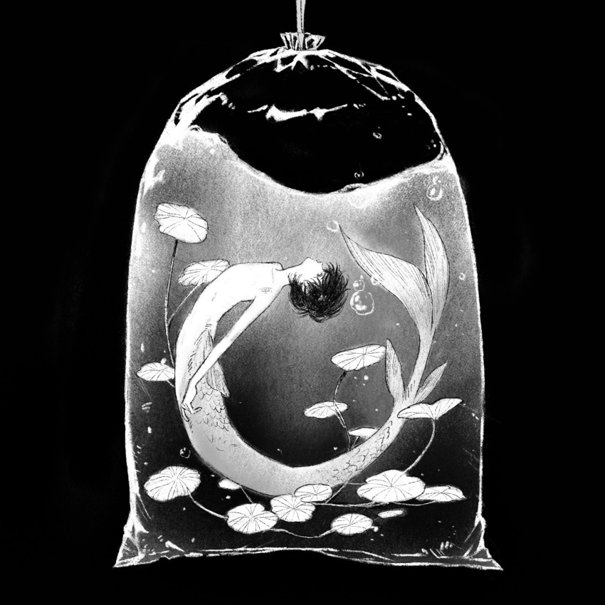 air_bubble bag bagged_fish bubble fish from_side full_body greyscale highres in_bag in_container leaf merman monochrome monster_boy original plastic_bag profile sae_sae short_hair simple_background submerged