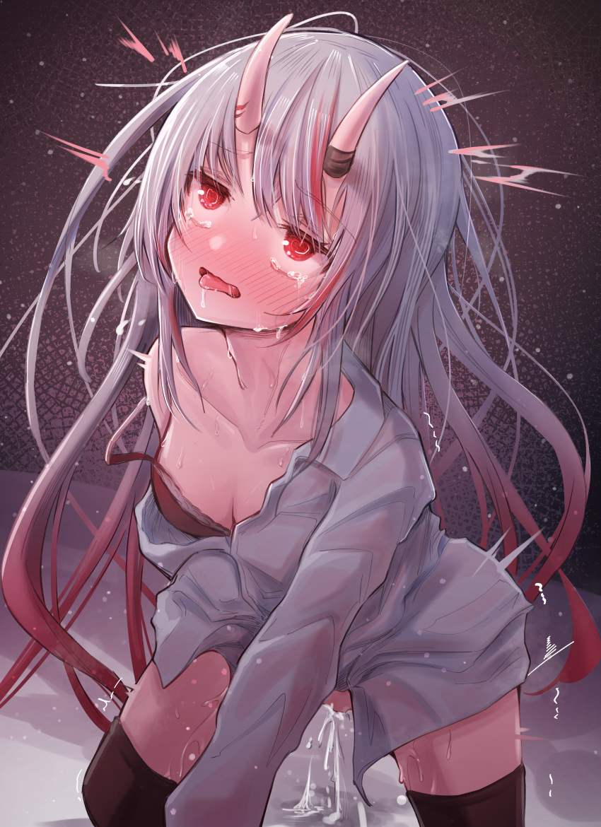 1girl absurdres ahegao all_fours alternate_hairstyle black_thighhighs bottomless bra crying crying_with_eyes_open dress_shirt drooling excessive_pussy_juice gradient_hair grey_hair hair_down heart heart-shaped_pupils highres hololive horns kneeling long_hair long_sleeves masturbation multicolored_hair nakiri_ayame oni_horns open_mouth red_bra red_eyes red_hair rolling_eyes shirt skin-covered_horns solo streaked_hair symbol-shaped_pupils tears textless_version thighhighs underwear virtual_youtuber white_shirt yoharu_tao