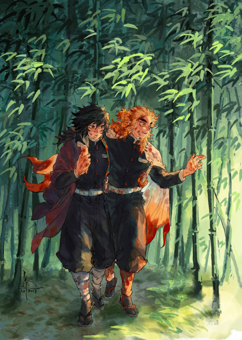 2boys arm_around_shoulder asymmetrical_clothes bamboo bamboo_forest bangs belt black_hair black_pants black_socks blonde_hair blood blood_on_arm blood_on_clothes blood_on_face blood_on_hands blood_on_leg blue_eyes cape colored_tips cuts dated day demon_slayer_uniform flame_print floating_cape floating_clothes forest forked_eyebrows full_body galllisto hair_between_eyes half_updo hand_up haori highres holding_hands injury japanese_clothes katana kimetsu_no_yaiba long_hair long_sleeves looking_away looking_to_the_side male_focus medium_hair morning multicolored_hair multiple_boys nature outdoors outstretched_arm pants pants_tucked_in puffy_pants red_hair rengoku_kyoujurou shin_guards signature socks streaked_hair sword tabi tomioka_giyuu walking waraji weapon white_cape wide_sleeves wind yellow_eyes