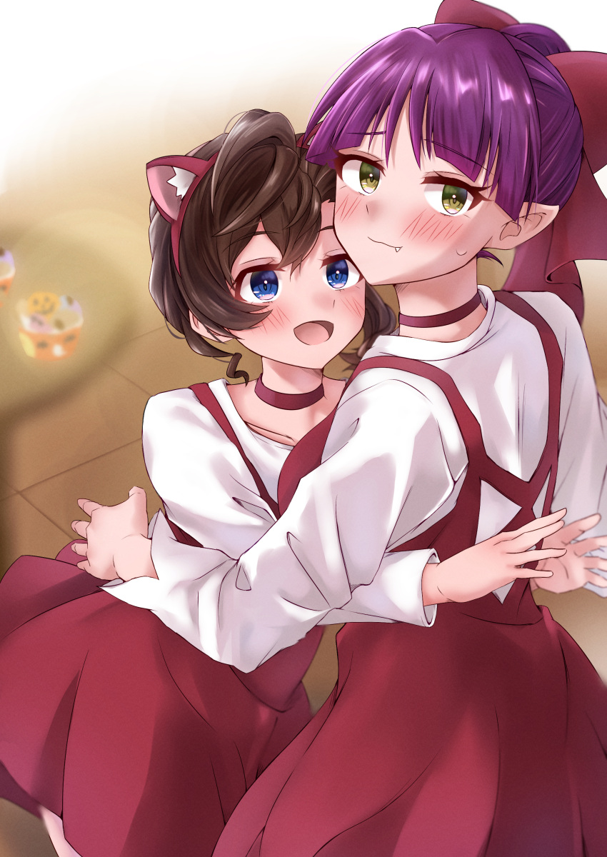 2girls :d absurdres animal_ears blue_eyes blush bow brown_hair cat_ears choker cosplay dress e_atkenedm fake_animal_ears fang gegege_no_kitarou hair_bow hair_ornament highres hug inuyama_mana long_hair multiple_girls nekomusume nekomusume_(gegege_no_kitarou_6) nekomusume_(gegege_no_kitarou_6)_(cosplay) open_mouth pointy_ears purple_hair red_bow red_choker red_dress shirt short_hair smile white_shirt yellow_eyes