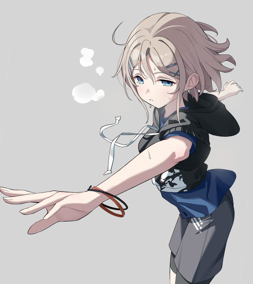 1girl absurdres arm_held_back bike_shorts bike_shorts_under_shorts black_hoodie blue_eyes blue_shirt bracelet breath cropped_hoodie dancing earrings feet_out_of_frame floating_hair grey_background grey_shorts hair_ornament hairclip half-closed_eyes highres hood hood_down hoodie idolmaster idolmaster_shiny_colors jewelry light_brown_hair outstretched_arm parted_lips serious serizawa_asahi shirt short_hair short_sleeves shorts sidelighting solo sweat tamago_(eva1314056) tareme x_hair_ornament