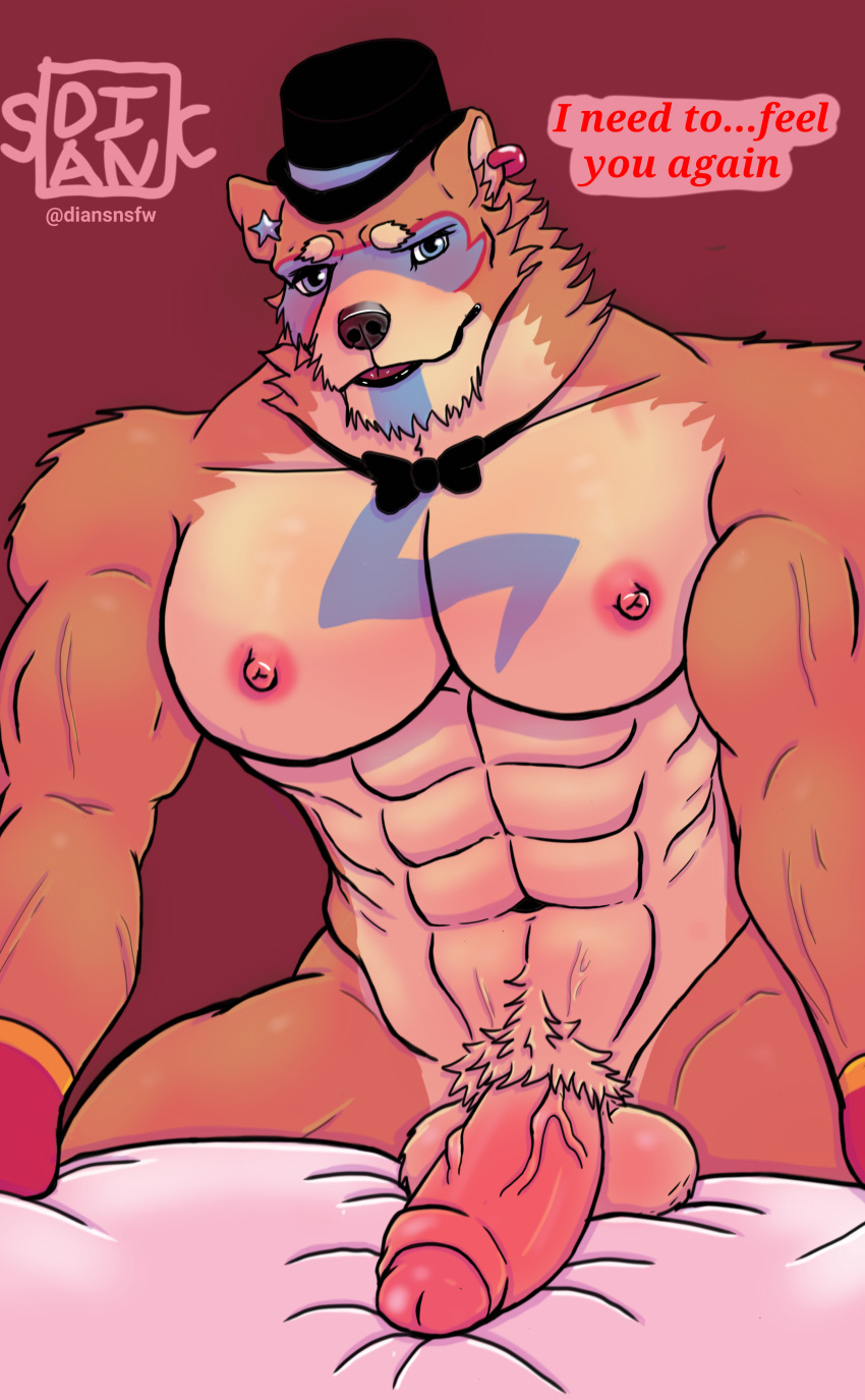 2022 abs absurd_res animatronic anthro balls bear biceps blush bow_tie bulge clothed clothing dian digital_drawing_(artwork) digital_media_(artwork) ear_piercing erection five_nights_at_freddy's five_nights_at_freddy's:_security_breach foreskin fur genitals glamrock_freddy_(fnaf) gloves handwear hat headgear headwear hi_res humanoid_genitalia humanoid_penis looking_at_viewer machine male mammal muscular muscular_anthro muscular_male nipples open_mouth pecs penis piercing pubes robot scottgames signature simple_background smile solo steel_wool_studios text vein veiny_muscles veiny_penis