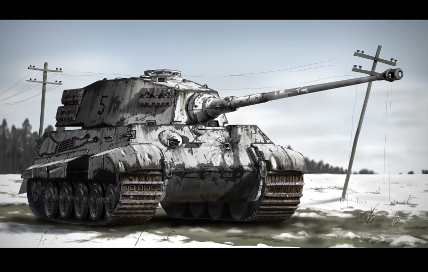 azitarou2020 black_border blue_sky border grass highres landscape military military_vehicle motor_vehicle no_humans original power_lines sky snow tank tiger_ii tree vehicle_focus winter world_war_ii