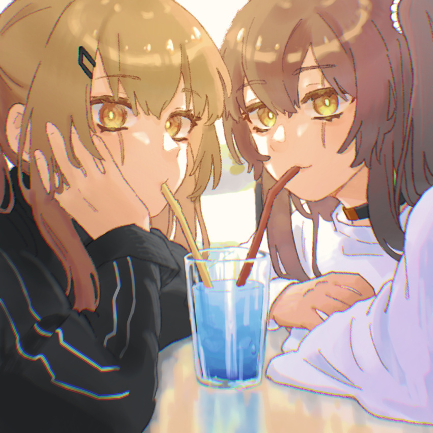 2girls black_shirt brown_eyes brown_hair choker commentary_request drinking drinking_straw drinking_straw_in_mouth girls'_frontline glass hair_ornament hand_on_own_face highres looking_at_viewer multiple_girls official_alternate_costume one_side_up scar scar_across_eye sekiko_(dr11034) shared_drink shirt smile table ump45_(girls'_frontline) ump9_(girls'_frontline) upper_body white_shirt