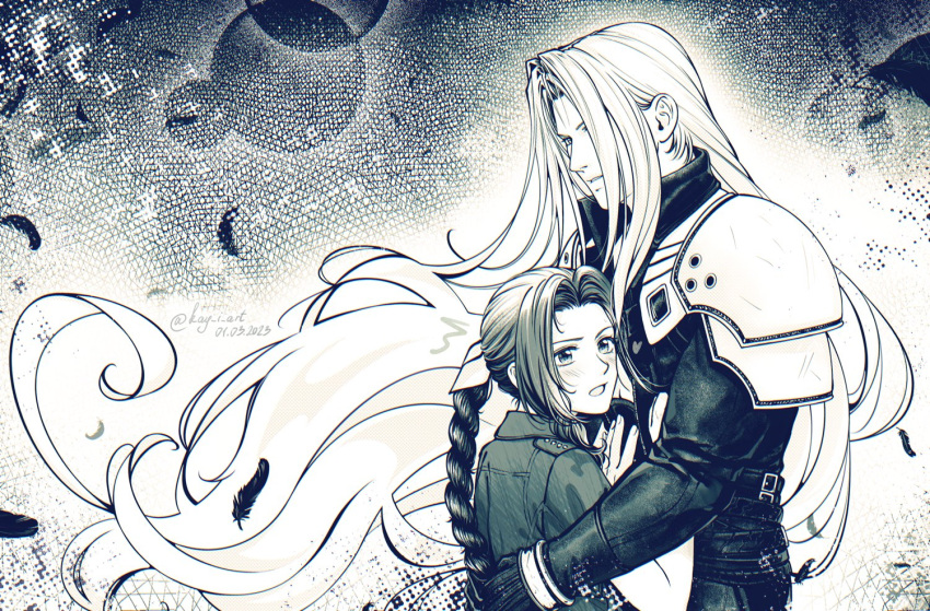 1boy 1girl aerith_gainsborough arm_around_back armor artist_name bangs black_gloves black_jacket blush braid dated elena_ivlyushkina falling_feathers final_fantasy final_fantasy_vii final_fantasy_vii_remake gloves greyscale hair_ribbon jacket long_hair long_sleeves monochrome parted_bangs parted_lips ribbon sephiroth short_sleeves shoulder_armor sidelocks single_braid upper_body wavy_hair