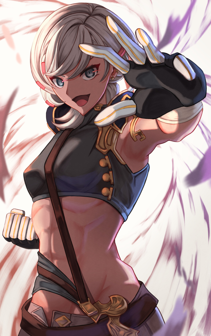 1girl :d abs arm_up armpits bangs bare_shoulders black_gloves black_shirt black_shorts breasts clenched_hand commentary cowboy_shot crop_top dark-skinned_female dark_skin earclip earrings fiorito_(granblue_fantasy) gloves granblue_fantasy grey_eyes grey_hair groin hair_ornament highres jewelry looking_at_viewer midriff navel open_mouth rizzy shirt short_hair short_shorts shorts sidelocks sleeveless sleeveless_shirt small_breasts smile solo standing