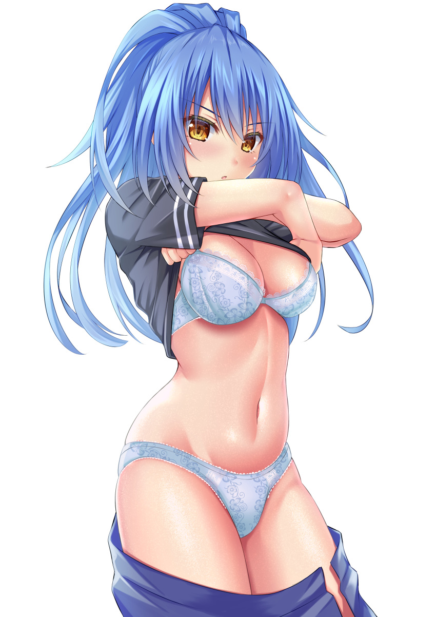 1girl :o absurdres bangs black_shirt blue_bra blue_hair blue_panties blue_skirt blush bra breasts clothes_lift clothes_pull cowboy_shot faltnep_tsukasa highres lace-trimmed_bra lace-trimmed_panties lace_trim lifted_by_self light_frown long_hair looking_at_viewer medium_breasts navel open_clothes open_skirt original panties parted_lips ponytail shirt shirt_lift short_sleeves simple_background skirt skirt_pull solo standing underwear undressing white_background yellow_eyes