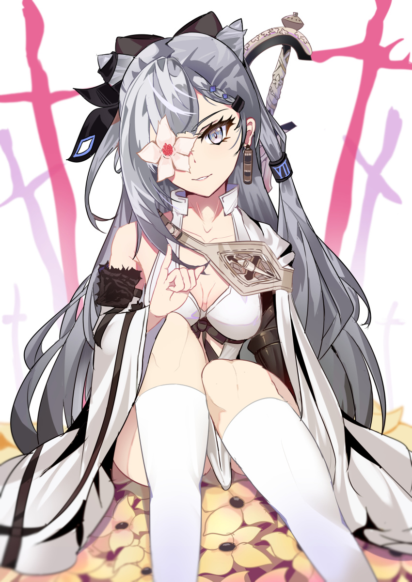 1girl absurdres bangs black_ribbon collarbone cone_hair_bun cosplay drag-on_dragoon drag-on_dragoon_3 dress feet_out_of_frame flower flower_in_eye grey_eyes grey_hair hair_bun hair_ribbon head_tilt highres hololive hololive_indonesia kneehighs knees_together_feet_apart long_hair looking_at_viewer parted_lips ribbon sitting smile socks solo sword sword_on_back symbol_in_eye vestia_zeta virtual_youtuber weapon weapon_on_back white_dress white_socks wide_sleeves yakuyaku yellow_flower zero_(drag-on_dragoon) zero_(drag-on_dragoon)_(cosplay)
