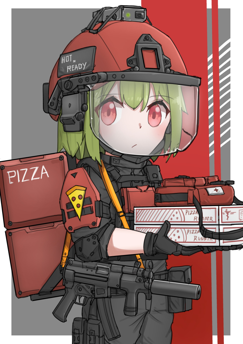 1girl absurdres armor box bulletproof_vest chibi english_text food green_hair grey_jacket grey_pants gun h&amp;k_mp5k helmet highres holding holding_box jacket long_sleeves looking_at_viewer military military_helmet military_uniform original pants pizza pizza_box pizza_slice red_eyes red_headwear solo srtdrawart submachine_gun suppressor uniform weapon