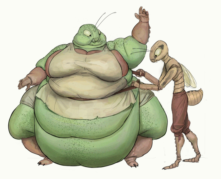 2020 anthro apron arthropod belly belt big_belly bottomwear cettus chubby_cheeks clothed clothing double_chin dressing duo female grasshopper green_body green_skin hi_res holding_object huge_belly husband_and_wife insect male married_couple morbidly_obese morbidly_obese_anthro morbidly_obese_female obese obese_anthro obese_female orthopterid overweight overweight_anthro overweight_female pants shorts simple_background size_difference slim tan_body tan_skin thick_thighs topless white_background