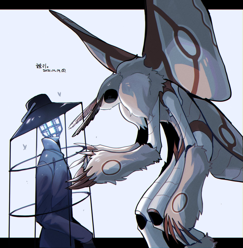 2others arthropod_girl bug_zapper cage dated from_side hat highres leaning_forward moth_girl multiple_others object_head original personification reaching sannota272 simple_background size_difference standing white_background