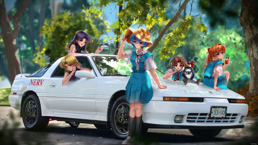 5girls absurdres akagi_ritsuko ayanami_rei bangs bird black_hair black_shirt black_socks blonde_hair blue_eyes blue_hair blue_skirt botttomtext bow brown_eyes brown_hair car dappled_sunlight day green_eyes ground_vehicle hair_bow hat highres holding holding_eyewear horaki_hikari katsuragi_misato kneehighs license_plate long_hair looking_at_viewer motor_vehicle multiple_girls neon_genesis_evangelion nerv on_vehicle orange_hair outdoors penguin penpen purple_shirt red_bow red_eyes red_ribbon ribbon school_uniform shirt short_hair short_sleeves sitting sitting_on_car skirt sleeveless socks souryuu_asuka_langley sun_hat sunglasses sunlight suspender_skirt suspenders tokyo-3_middle_school_uniform toyota toyota_supra tree white_shirt