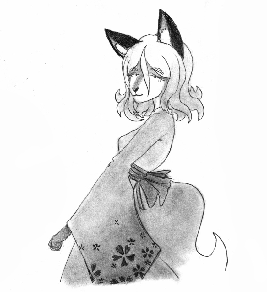 absurd_res animal_humanoid anthro asian_clothing canid canid_humanoid canine canine_humanoid clothing east_asian_clothing efradraws eyebrows female flower fox fox_humanoid fox_spirit fox_tail graphite_(artwork) hair hi_res humanoid irina_netsuki japanese_clothing kimono mammal mammal_humanoid monochrome multicolored_hair pencil_(artwork) plant side_view simple_background sketch solo thick_eyebrows traditional_media_(artwork) two_tone_hair wavy_hair white_background young