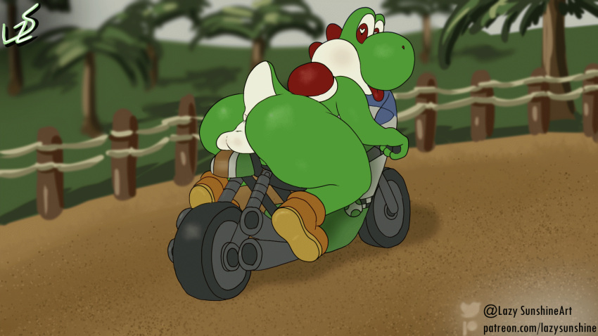 &lt;3 &lt;3_eyes 16:9 animated anthro anus balls big_butt blep blush boots bouncing bouncing_balls bouncing_butt butt clothing dirt fence footwear genitals green_body green_skin hi_res lazy_sunshine loop male mario_bros markings motorcycle nintendo palm_tree plant raised_tail red_body red_scales red_shell scales shell signature slightly_chubby solo tail thick_thighs tongue tongue_out tree vehicle white_markings widescreen yoshi yoshi_(character)