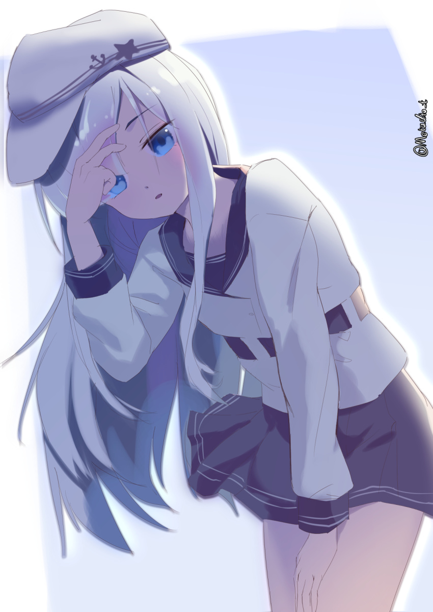 1girl belt black_belt black_sailor_collar black_skirt blue_eyes cowboy_shot flat_cap grey_hair hammer_and_sickle hat hibiki_(kancolle) highres kantai_collection leaning_forward long_hair metadio pleated_skirt sailor_collar school_uniform serafuku skirt smile solo twitter_username verniy_(kancolle) white_headwear