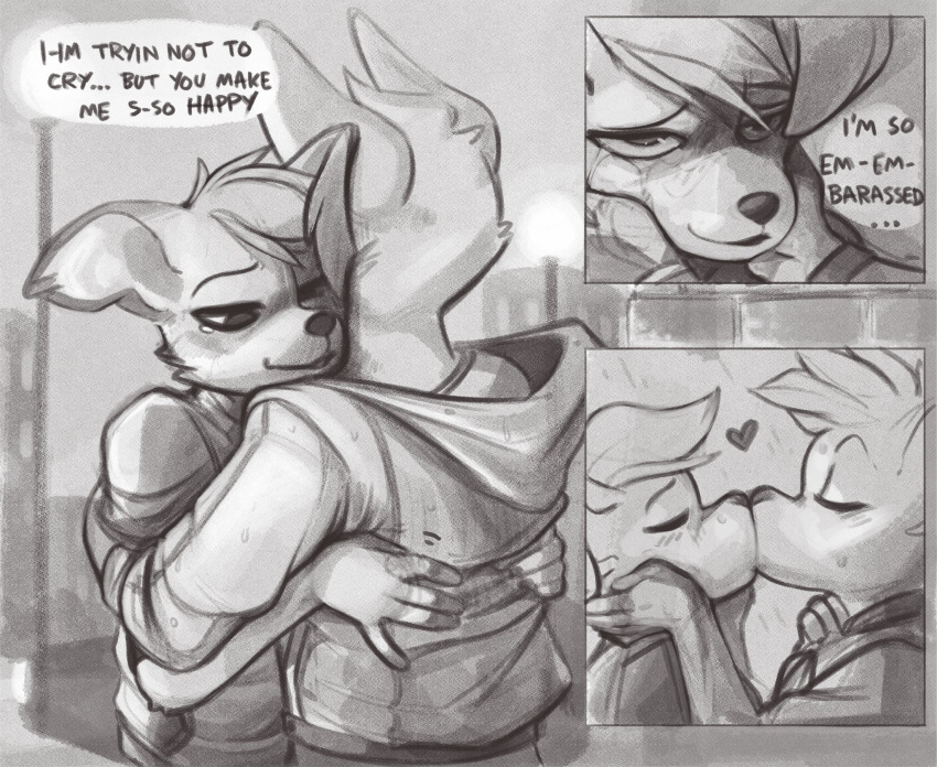 &lt;3 2022 anthro blush bodily_fluids canid canine canis clothed clothing comic crying dialogue domestic_dog duo embrace english_text eyes_closed fent floppy_ears fur greyscale hair hi_res hoodie hug kissing male male/male male_anthro mammal monochrome romantic romantic_couple speech_bubble tears text topwear