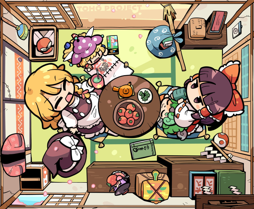 6+girls :3 =_= ^_^ apron black_headwear black_vest blonde_hair blue_sky blush book bow bowl bowl_hat braid broom brown_hair cherry_blossoms chibi child's_drawing closed_eyes clownpiece commentary crayon detached_sleeves drawing fairy_wings food from_above fruit gohei green_hair green_tea hair_bow hair_tubes hakurei_reimu hat hat_bow hecatia_lapislazuli highres holding holding_crayon indoors jester_cap kirisame_marisa komano_aunn long_hair miracle_mallet moyazou_(kitaguni_moyashi_seizoujo) multiple_girls needle no_mouth ofuda open_mouth persimmon petals purple_hair red_bow red_headwear sharp_teeth shirt short_hair sitting sky sliding_doors strawberry sukuna_shinmyoumaru symbol-only_commentary tatami tea teeth touhou vest white_apron white_bow white_shirt wings witch_hat yin_yang |_|