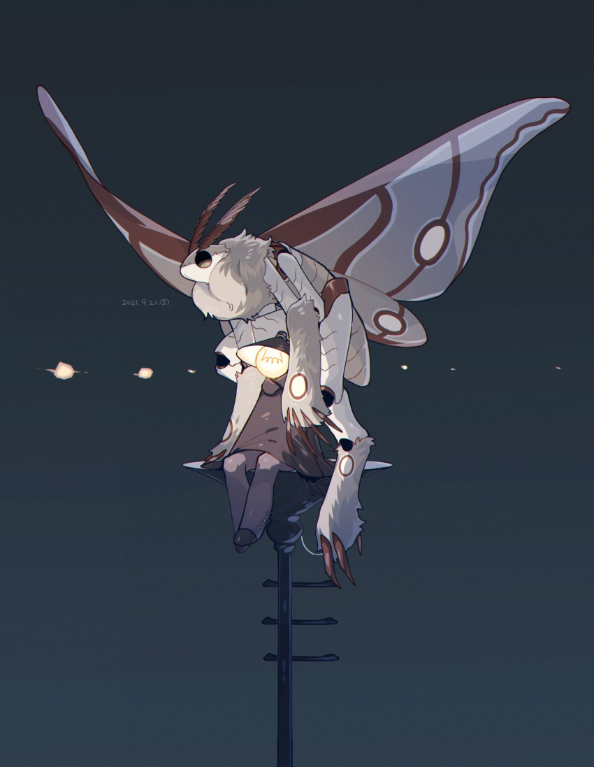 2others arthropod_girl black_cloak black_footwear cloak commentary_request dated grey_pants highres lamppost looking_away moth_girl multiple_others night object_head on_top_of_pole original outdoors pants personification sannota272 shoes sitting sky spread_wings standing