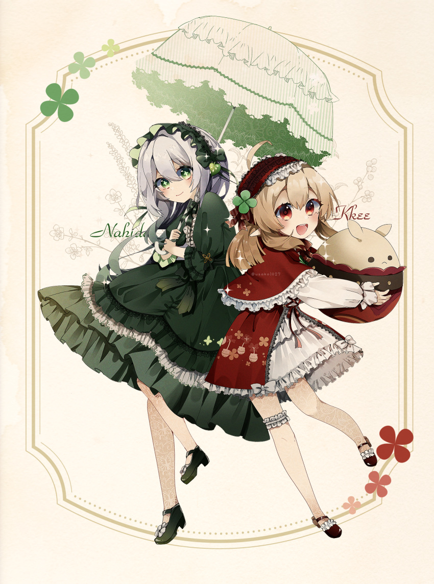 2girls :d absurdres ahoge alternate_costume alternate_hairstyle bangs capelet character_name clover_hair_ornament commentary_request doll_hug dress frilled_capelet frilled_dress frills full_body genshin_impact gradient_hair green_eyes grey_hair hair_between_eyes hair_down hair_ornament hairband high_heels highres holding holding_umbrella jumpy_dumpty klee_(genshin_impact) light_brown_hair lolita_fashion lolita_hairband long_hair long_sleeves looking_at_viewer low_twintails mary_janes multicolored_hair multiple_girls nahida_(genshin_impact) object_hug orange_eyes pantyhose parasol pointy_ears see-through see-through_legwear shoes sidelocks simple_background smile symbol-shaped_pupils thighlet twintails two-tone_hair umbrella usako_(usako1031)