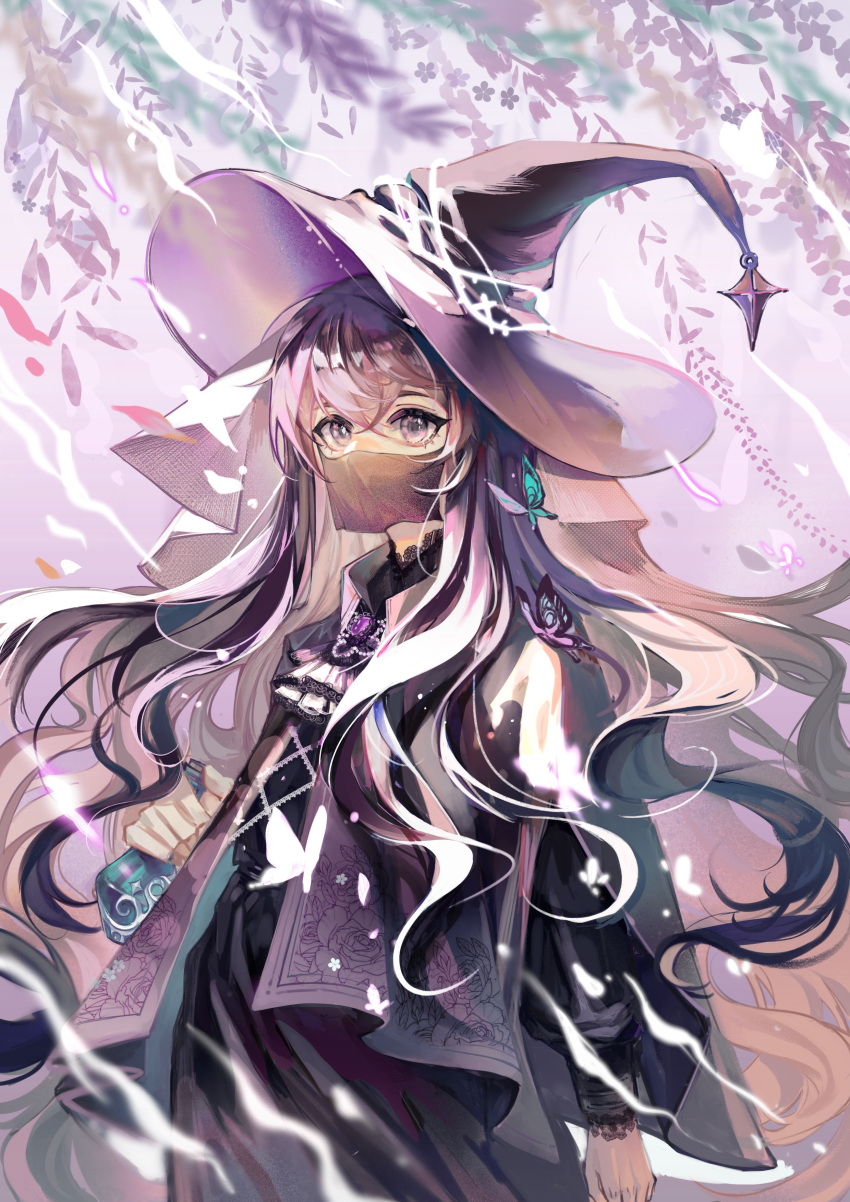 1girl absurdres bangs black_hair bottle bug butterfly crossed_bangs flower gem glowing_butterfly green_butterfly hat highres holding holding_bottle i_became_a_god_in_a_horror_game liu_jiayi long_hair mouth_veil purple_butterfly purple_eyes purple_gemstone smoke solo veil wavy_hair white_butterfly whiwhiwhi wind wisteria witch_hat