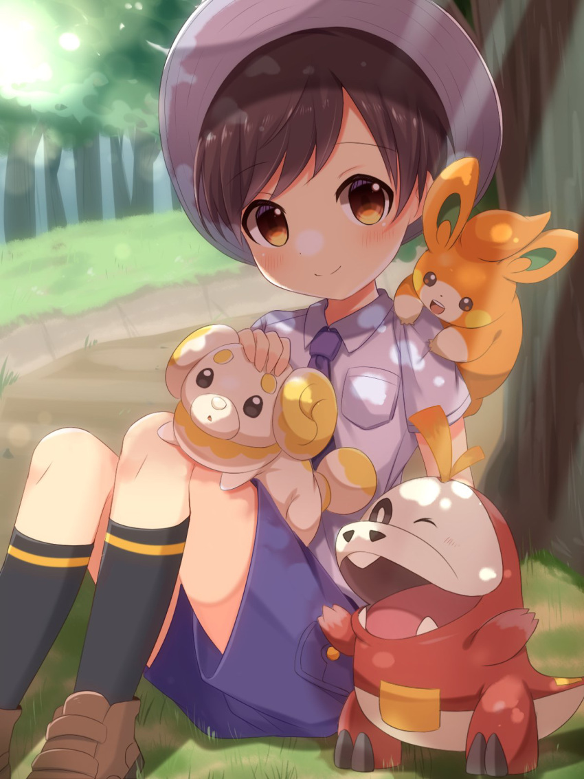 1boy bangs black_socks blush breast_pocket brown_eyes brown_footwear brown_hair closed_mouth commentary_request day fidough florian_(pokemon) fuecoco grey_headwear hat headpat highres knees light_rays looking_at_viewer male_child male_focus meranoreuka_(naokentak) necktie outdoors pawmi pocket pokemon pokemon_(creature) pokemon_(game) pokemon_on_leg pokemon_sv purple_necktie purple_shorts shirt shoes short_hair short_sleeves shorts smile socks tree