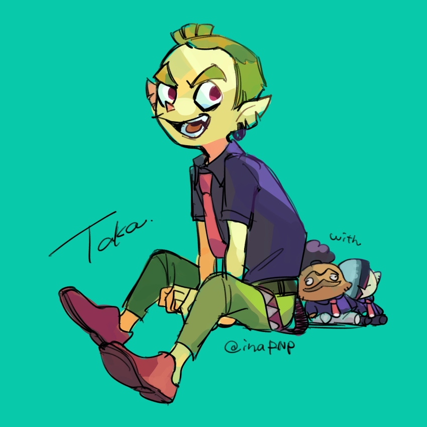 1boy absurdres artist_name character_name colored_skin fish_boy green_background green_eyes green_skin highres inahara kuze_(splatoon) male_focus necktie nishida_(splatoon) open_mouth red_eyes red_necktie shoes sitting smile solo splatoon_(series) taka_(splatoon) tongue twitter_username