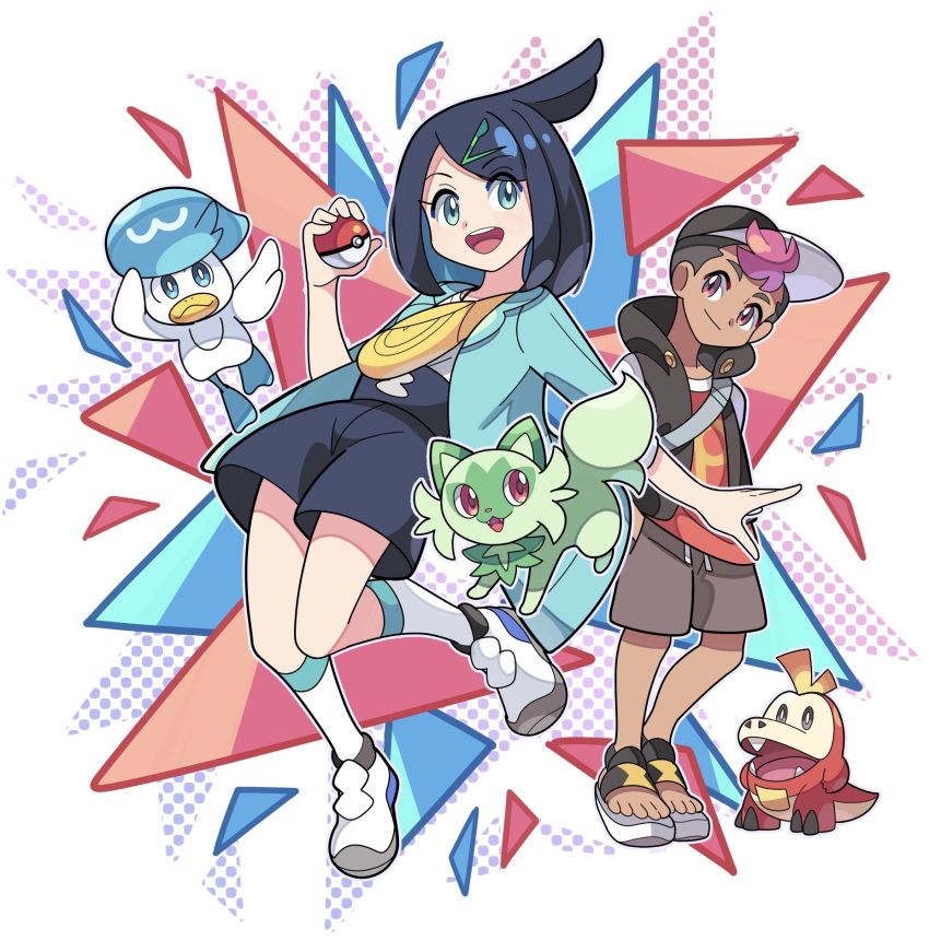 1boy 1girl :d black_hair black_shorts brown_shorts coat commentary_request cowlick fuecoco green_coat green_eyes hair_ornament hairclip hand_up hat highres holding holding_poke_ball liko_(pokemon) open_clothes open_coat open_mouth poke_ball poke_ball_(basic) pokemon pokemon_(anime) pokemon_(creature) pokemon_sv_(anime) quaxly roy_(pokemon) sandals shirt shoes shorts smile socks sprigatito starter_pokemon_trio sutokame teeth tongue upper_teeth_only white_footwear white_shirt white_socks yellow_bag