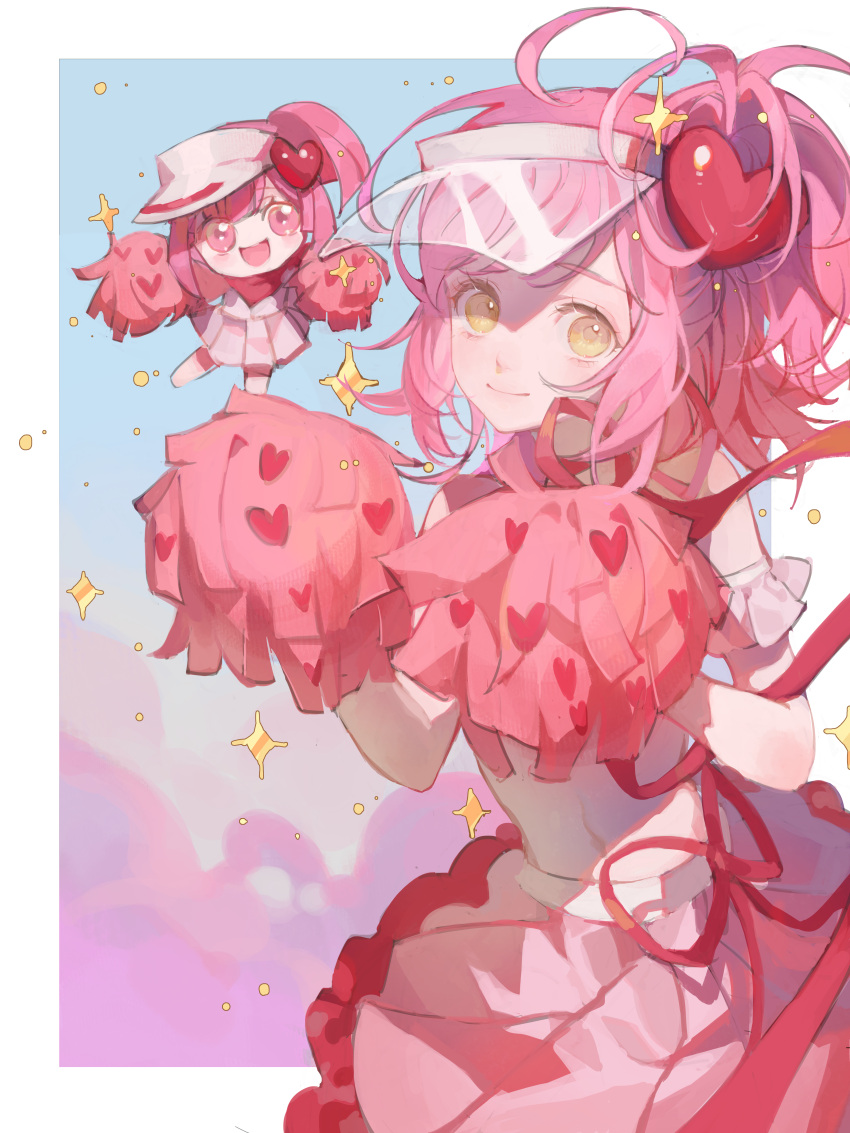 1girl absurdres amulet_heart cheerleader crop_top frilled_skirt frills hair_ornament heart heart_hair_ornament highres hinamori_amu long_hair looking_at_viewer magical_girl midriff pink_crop_top pink_hair pink_skirt pom_pom_(cheerleading) ribbon sanayyyyyyyyyy shugo_chara! skirt smile solo visor_cap