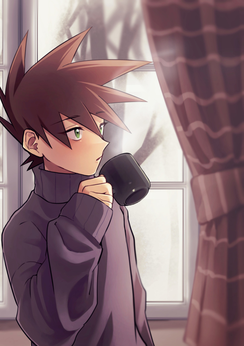 1boy absurdres bangs blue_oak brown_hair commentary_request cup curtains green_eyes hand_up highres holding holding_cup indoors male_focus mug parted_lips pokemon pokemon_adventures purple_sweater short_hair solo spiked_hair sweater turtleneck turtleneck_sweater upper_body wanichi window