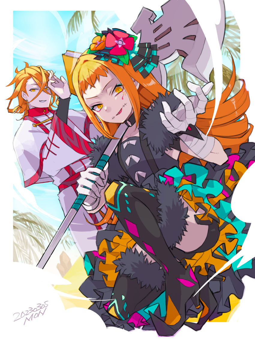 axe bandaged_arm bandages battle_axe black_dress black_thighhighs blue_sky book desert dress facial_tattoo fire_emblem fire_emblem_engage flower hair_flower hair_ornament highres holding holding_axe holding_book midori126 multicolored_clothes orange_eyes orange_hair pandreo_(fire_emblem) panette_(fire_emblem) priest robe siblings sky tattoo thighhighs weapon white_robe