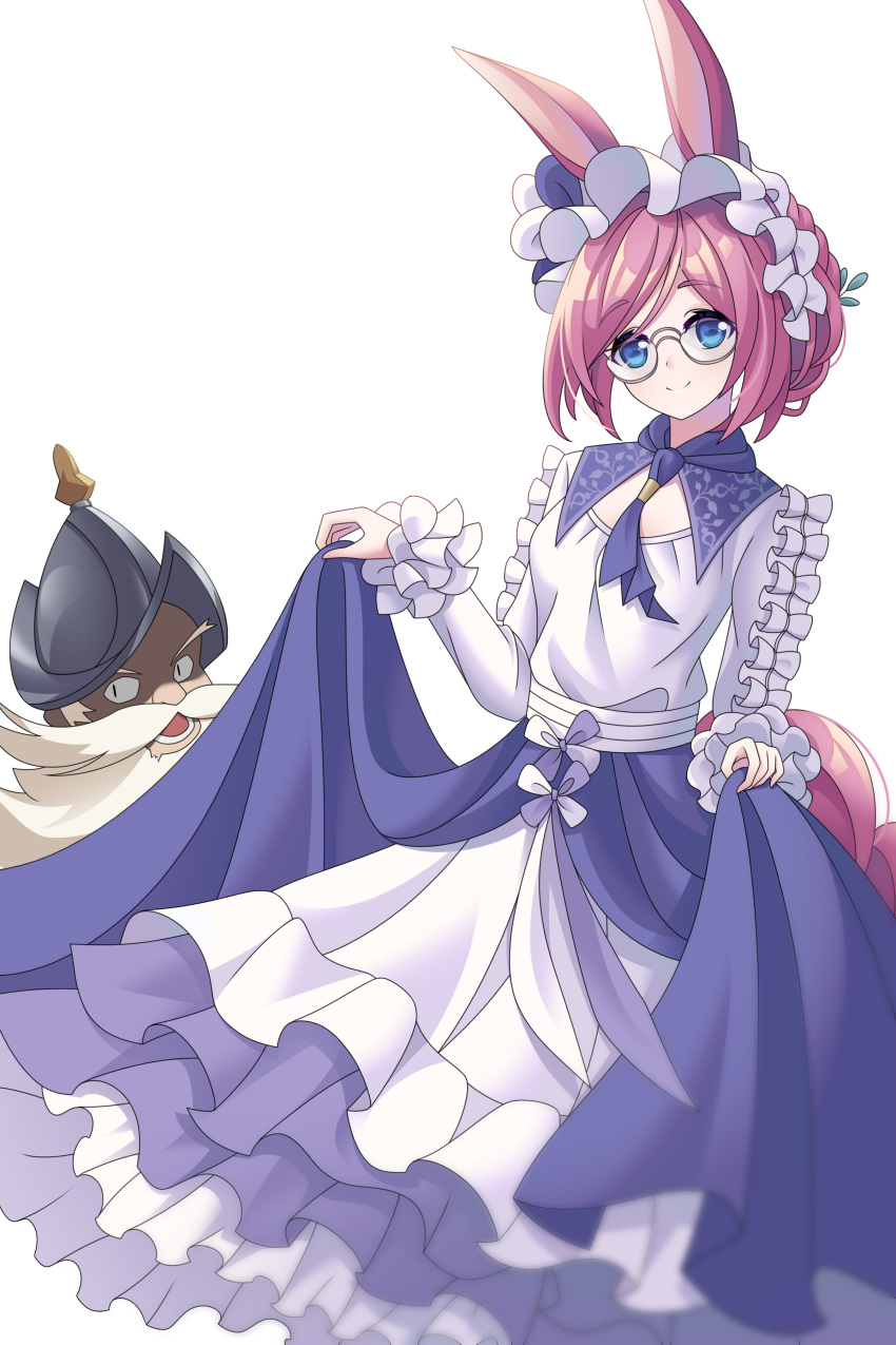 1boy 1girl absurdres animal_ears beard blue_dress blue_eyes don_quixote_(fate) dress facial_hair fate/grand_order fate_(series) frills glasses helmet highres hoxi long_sleeves maid_headdress pink_hair rabbit_ears sancho_(fate) short_hair skirt_hold standing two-tone_dress white_hair