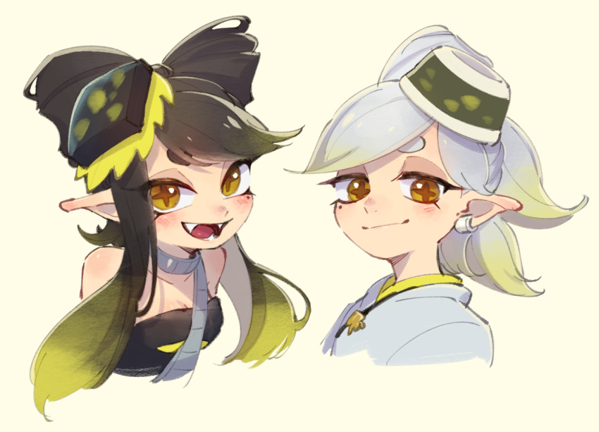 2girls :d bare_shoulders black_hair blush bow-shaped_hair breasts brown_pupils callie_(splatoon) cleavage closed_mouth collarbone commentary_request cousins cropped_shoulders cross-shaped_pupils earrings eyebrows_hidden_by_hair eyelashes eyes_visible_through_hair fangs food food_on_head gradient_hair grey_hair hair_ornament humanization jewelry light_green_hair long_hair marie_(splatoon) medium_breasts medium_hair mole mole_under_eye multicolored_hair multiple_girls neck_ring object_on_head open_mouth pointy_ears short_eyebrows simple_background smile smirk splatoon_(series) splatoon_3 strapless symbol-shaped_pupils teeth thick_eyebrows tongue two-tone_hair ukata upper_body white_background yellow_eyes
