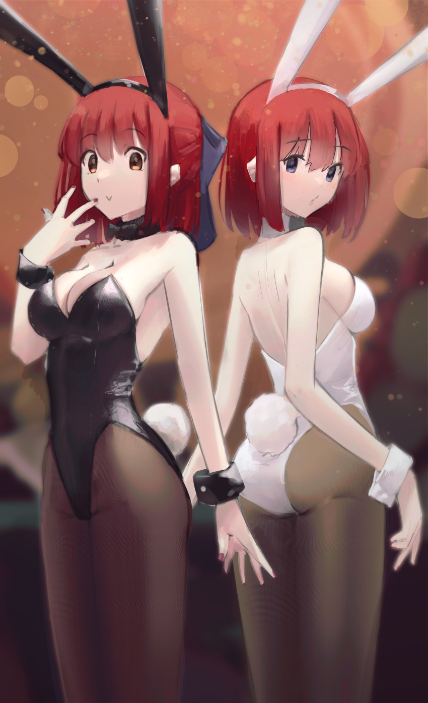 2girls absurdres alternate_costume animal_ears ass backless_dress backless_outfit bangs bare_shoulders black_bow black_bowtie black_leotard blue_bow bow bowtie breasts brown_pantyhose cleavage closed_mouth commentary deko_morii detached_collar dress fake_animal_ears fake_tail fingernails hair_bow half_updo highres hisui_(tsukihime) kohaku_(tsukihime) leotard looking_at_viewer medium_breasts multiple_girls orange_eyes pantyhose playboy_bunny purple_eyes rabbit_ears rabbit_tail red_hair red_nails siblings sisters smile strapless strapless_leotard symbol-only_commentary tail tsukihime twins white_leotard wrist_cuffs