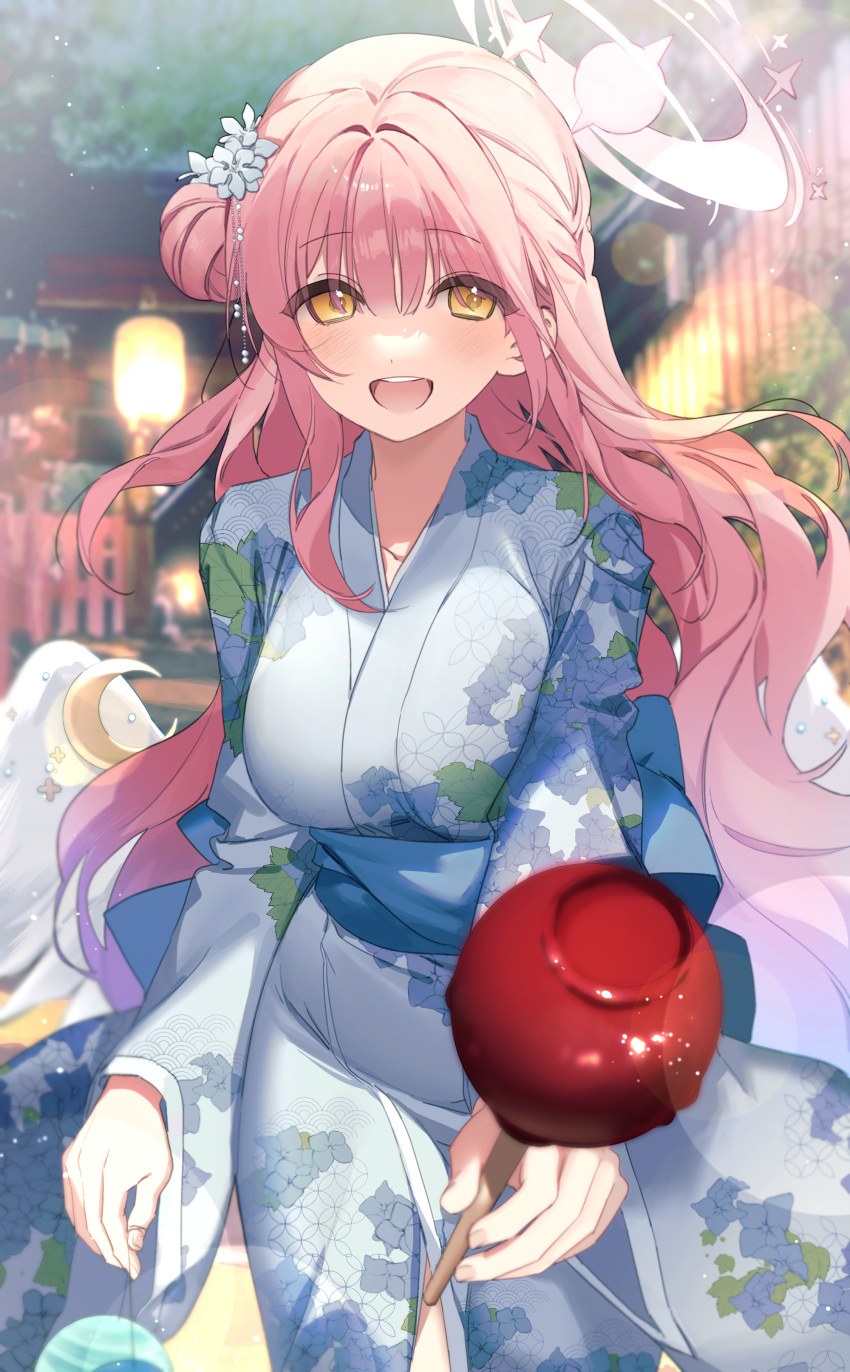1girl absurdres alternate_costume blue_archive blue_kimono breasts candy_apple cleavage floral_print flower food hair_between_eyes hair_bun hair_flower hair_ornament halo highres japanese_clothes kimono large_breasts long_hair long_sleeves looking_at_viewer mika_(blue_archive) myao_(o3o333) open_mouth pink_hair single_side_bun smile solo teeth upper_teeth_only yellow_eyes