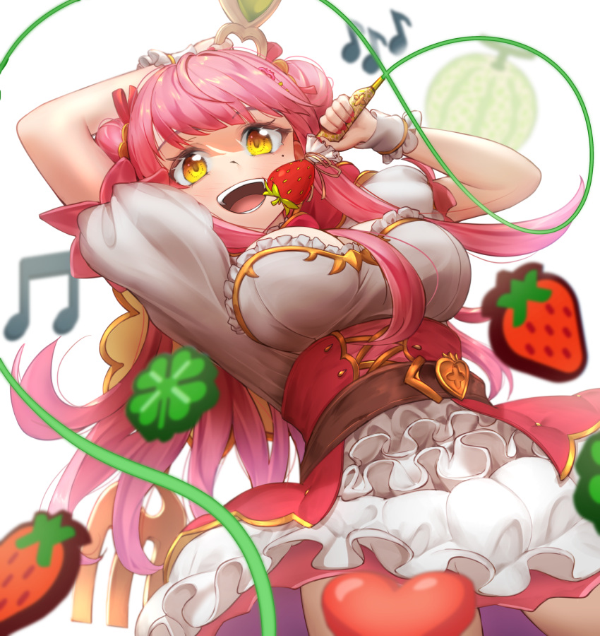 1girl :d arm_up bangs belt blouse blush braco breasts brown_belt buckle cleavage_cutout clothing_cutout clover double_bun dress emoji food fork four-leaf_clover from_below fruit hair_bun hair_ornament hand_up heart heart-shaped_buckle highres holding holding_microphone huge_weapon indie_virtual_youtuber layered_dress long_hair medium_breasts merun_morino microphone microphone_cord mole mole_under_eye music musical_note pink_hair puffy_short_sleeves puffy_sleeves red_skirt shirt short_sleeves singing skirt smile strawberry swept_bangs teeth virtual_youtuber weapon weapon_on_back white_dress white_shirt yellow_eyes