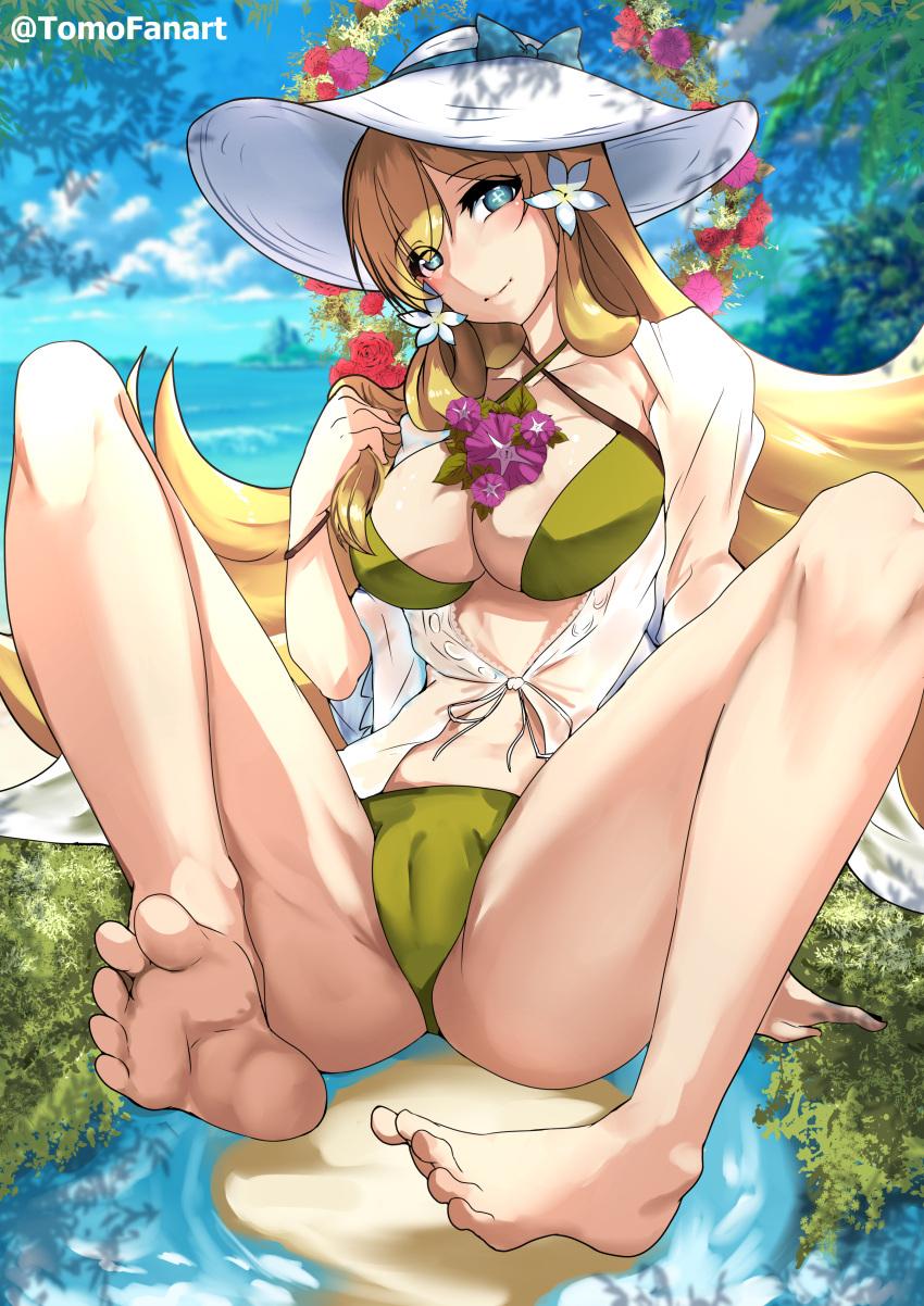 1girl absurdres aqua_eyes artist_name barefoot bikini blonde_girl_(okpriko) breasts cameltoe cleavage criss-cross_halter feet fire_emblem fire_emblem_heroes flower green_bikini hair_flower hair_ornament halterneck hat hat_ribbon highres holding_own_hair knees_up large_breasts legs long_hair looking_at_viewer official_alternate_costume partially_visible_vulva ribbon sidelocks smile soles solo swimsuit toes tomodachi_(tomofanart) very_long_hair white_headwear ymir_(fire_emblem_heroes)