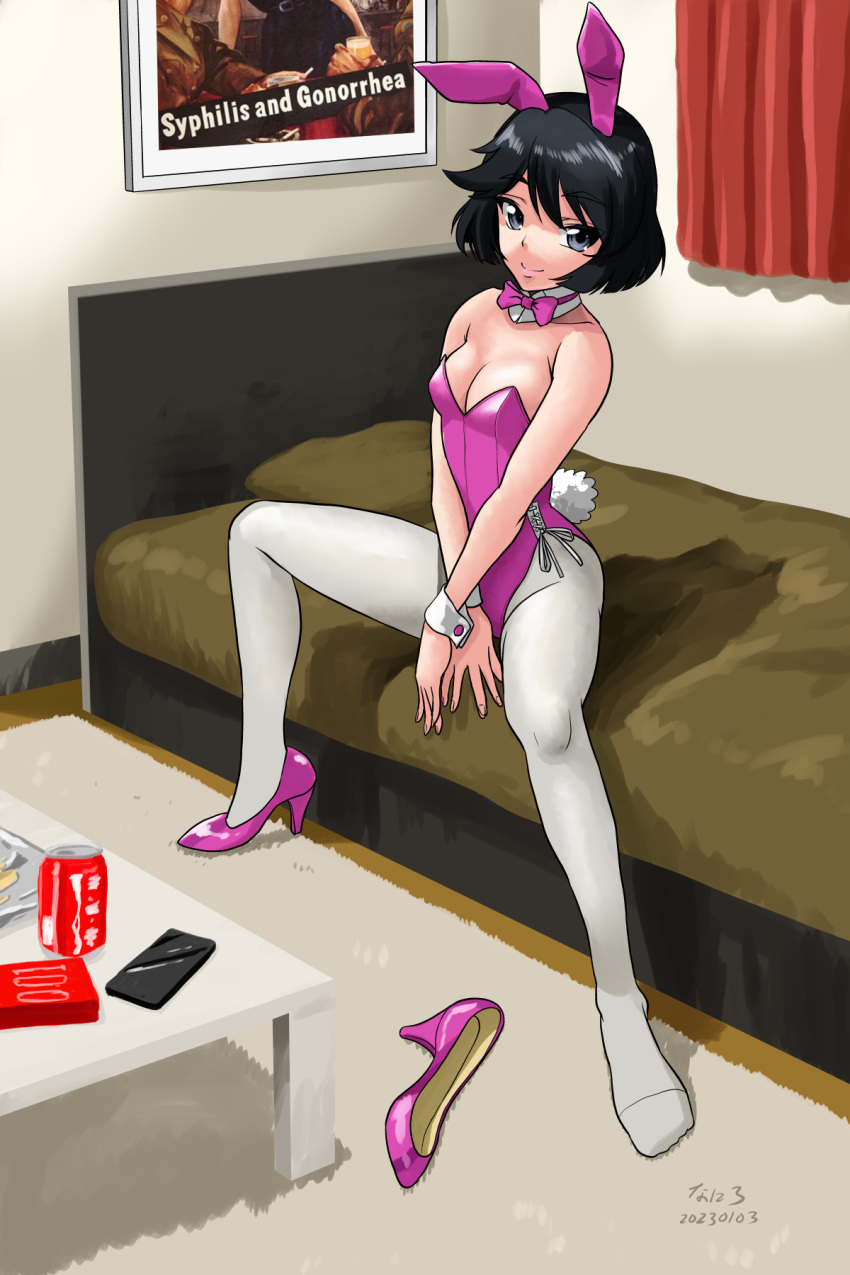 1girl alternate_eye_color animal_ears artist_name bare_shoulders bedroom black_eyes black_hair bob_cut bow bowtie breasts can carpet cellphone cleavage closed_mouth collar commentary condom_box curtains dated detached_collar english_text fake_animal_ears fake_tail full_body girls_und_panzer groin hair_between_eyes headboard high_heels highleg highleg_leotard highres leotard looking_at_viewer matsui_yasutsugu okamoto_condoms on_bed own_hands_together pantyhose phone pillow pink_bow pink_bowtie pink_footwear pink_leotard playboy_bunny poster_(object) rabbit_ears rabbit_tail shoes shoes_removed short_hair side-tie_leotard signature single_shoe sitting small_breasts smartphone smile soda_can solo spread_legs strapless strapless_leotard table tail utsugi_yuuki v_arms white_collar white_pantyhose white_wrist_cuffs wide_spread_legs window wrist_cuffs