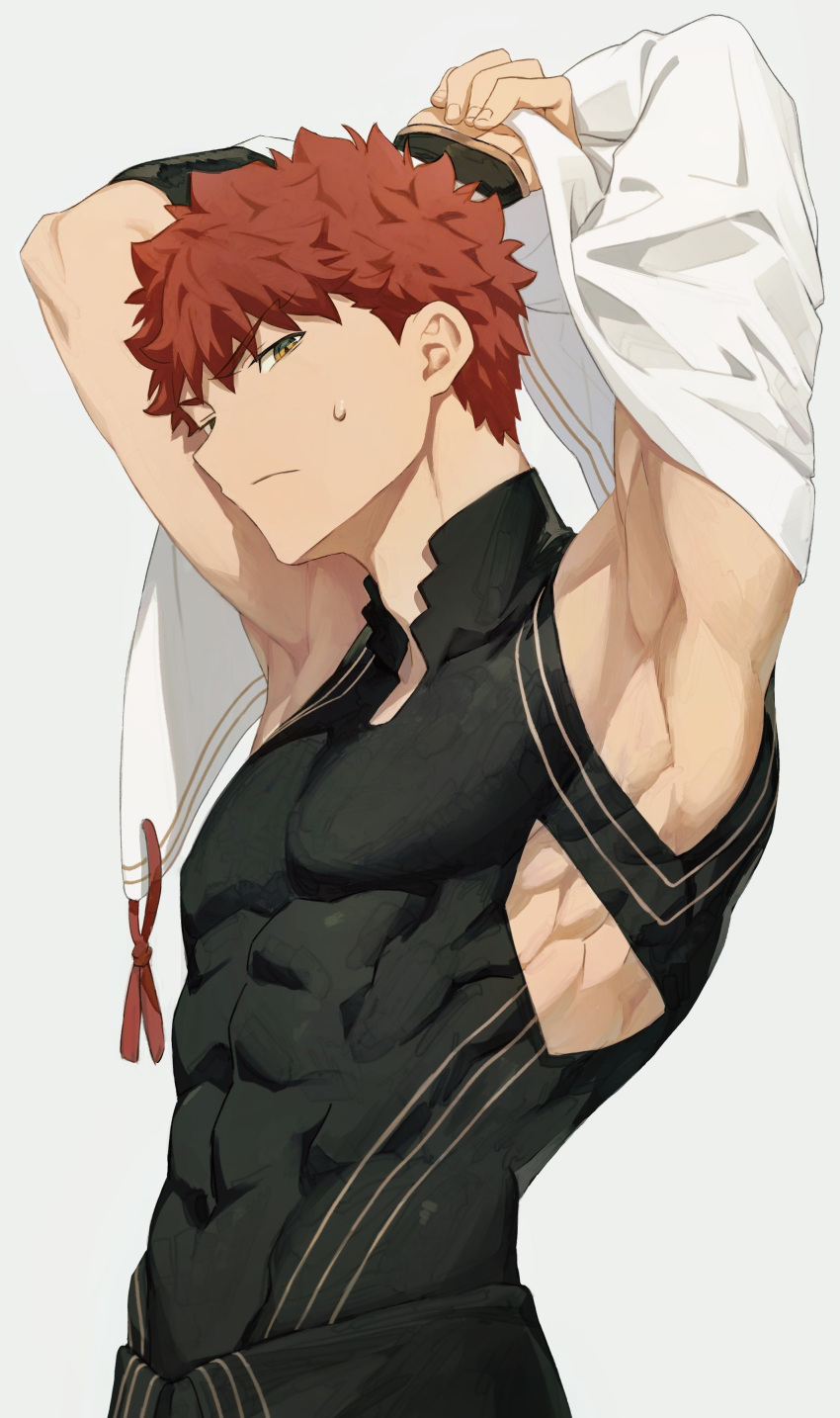 1boy absurdres armpits arms_behind_head commentary commentary_request covered_abs covered_navel emiya_shirou fate/grand_order fate_(series) grey_background highres looking_at_viewer male_focus okonon_(kado_colda) orange_hair senji_muramasa_(fate) senji_muramasa_(second_ascension)_(fate) simple_background solo upper_body yellow_eyes