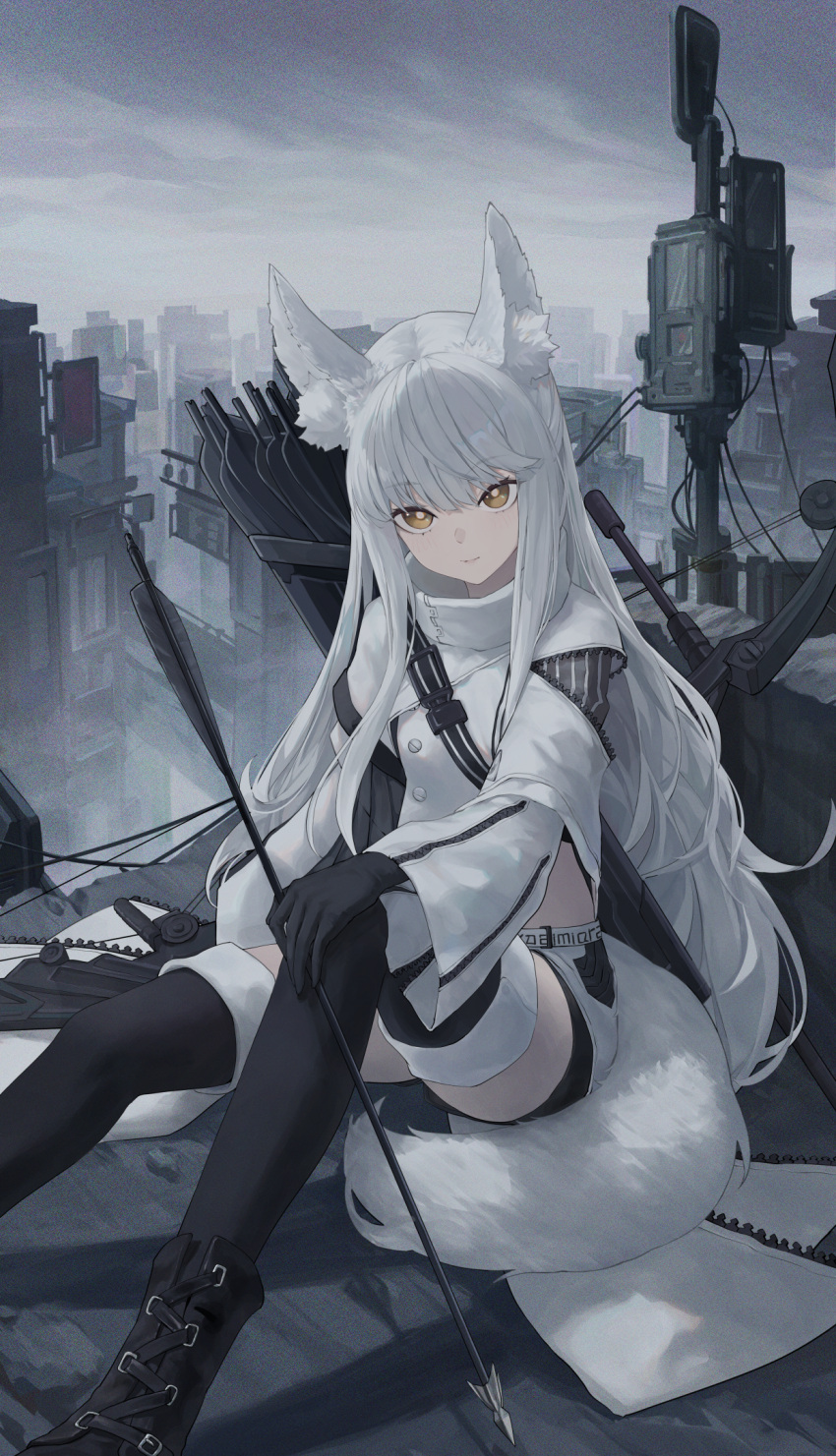 1girl animal_ear_fluff animal_ears arknights arrow_(projectile) black_footwear black_gloves black_shorts black_thighhighs boots bow_(weapon) breasts city closed_mouth coat commentary compound_bow feet_out_of_frame gloves grey_sky hand_on_own_knee highres holding holding_arrow horse_ears horse_girl horse_tail kiek_qaq light_smile long_hair looking_at_viewer midriff outdoors platinum_(arknights) quiver short_shorts shorts sidelocks sitting sky small_breasts solo tail thighhighs turtleneck very_long_hair weapon white_coat white_hair white_shorts yellow_eyes zipper